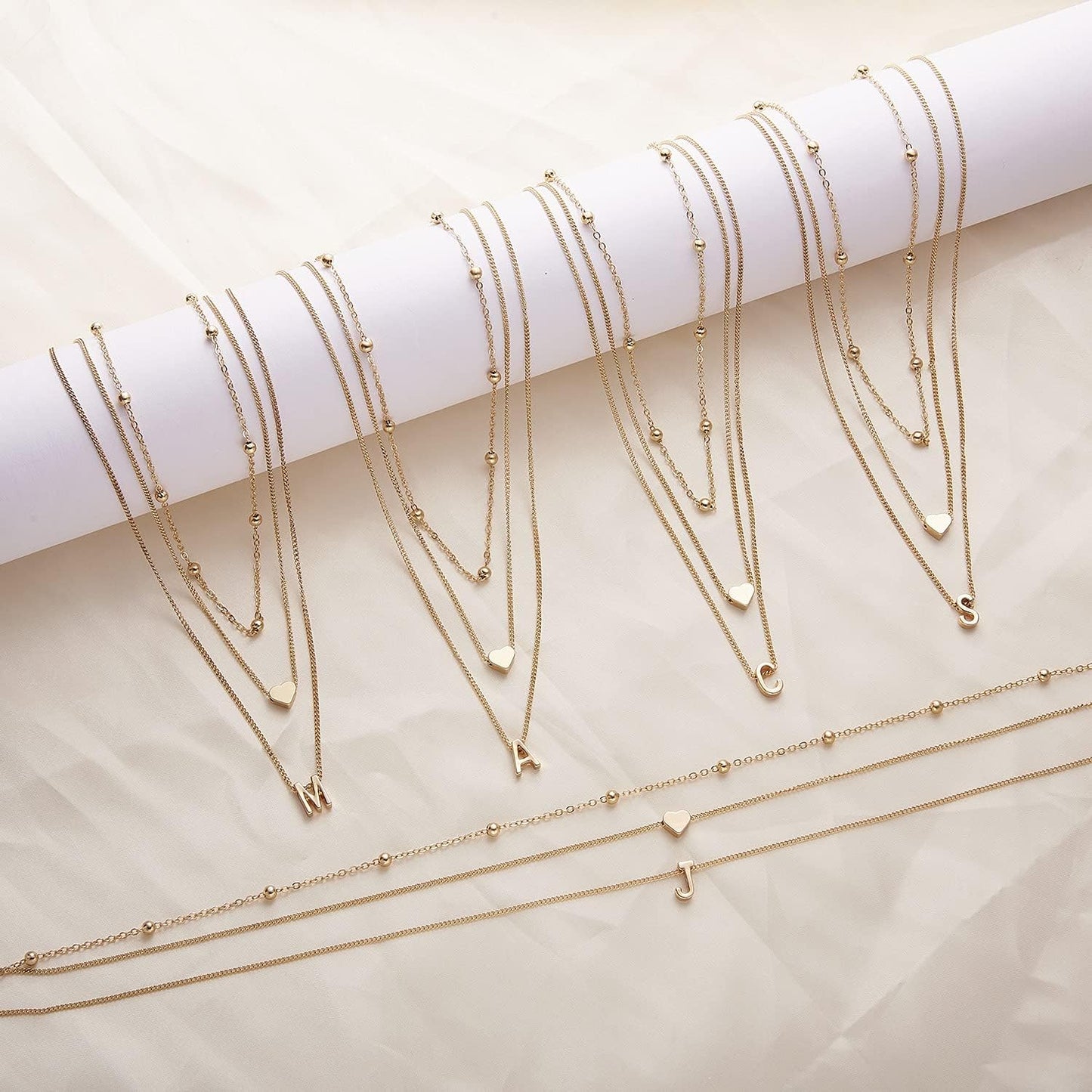 Dainty Gold Layered Initial Necklaces for Women, Simple Cute Heart Bead Letter Pendant Choker Necklace