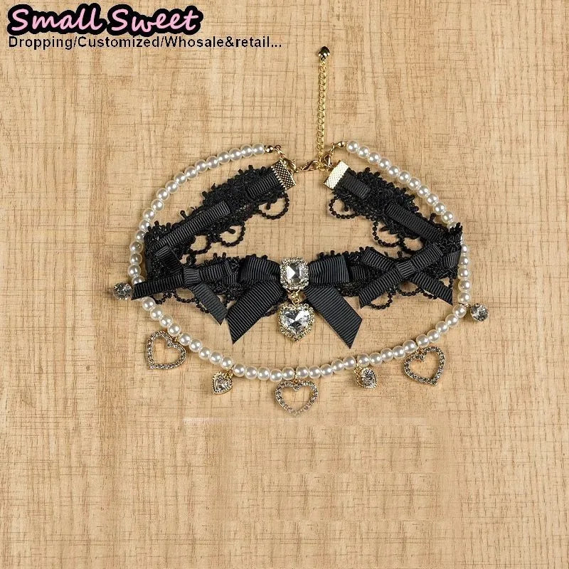 Handmade Choker Necklaces Double Pearl bow love jewelry gemstone sweet Cute Kawaii Collar Lolita Collarbone Chain Cecklace Women