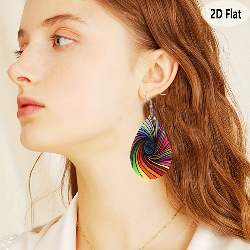 2D Flat - 1 Pair Bohemian Style Colorful Vortex Women'S Earrings with Dizzying Design and Faux Leather Pendant, 2D Flat