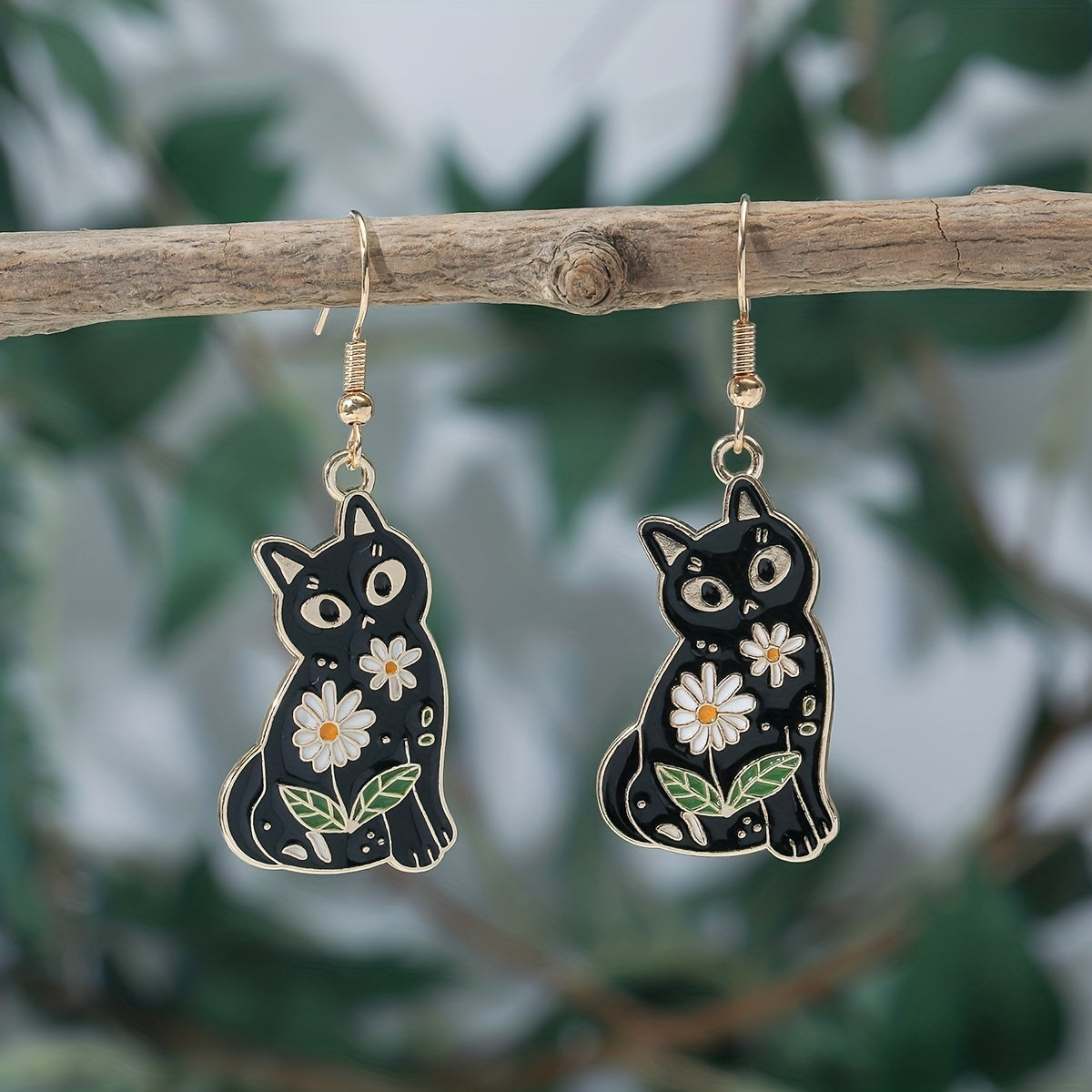 Whimsical Feline Enamel Dangle Earrings - Retro Elegant Style, Zinc Alloy, Flower Print, Cute Black Cat Design, Exquisite Female Gift, Durable, Hypoallergenic, Nickel-Free Jewelry