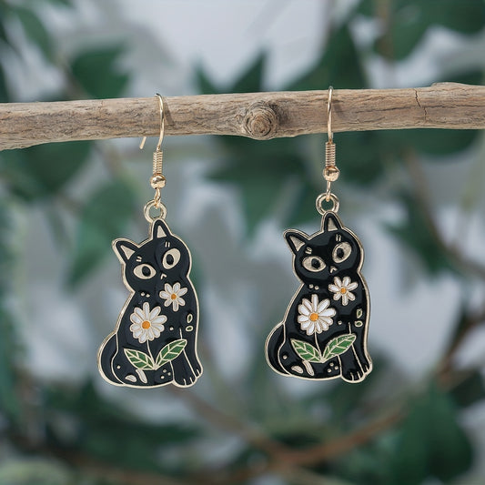 Whimsical Feline Enamel Dangle Earrings - Retro Elegant Style, Zinc Alloy, Flower Print, Cute Black Cat Design, Exquisite Female Gift, Durable, Hypoallergenic, Nickel-Free Jewelry