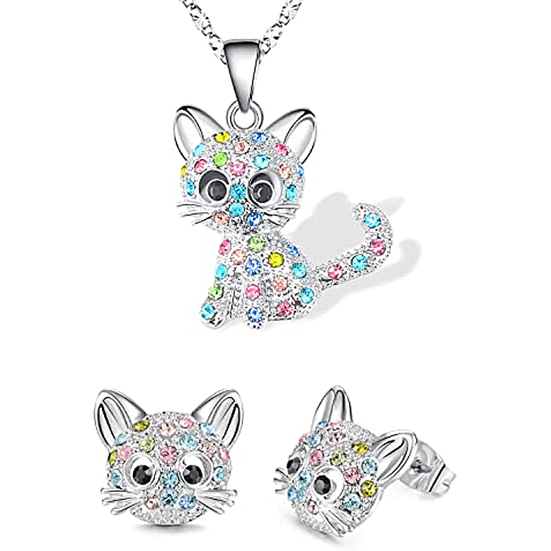 [Cat Jewelry Set] Cat Necklace and Cat Earrings Set | Little Girls Jewelry for Cat Lover Daughter Granddaughter, Teenager Cat Gifts for Girls