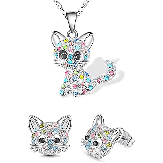 [Cat Jewelry Set] Cat Necklace and Cat Earrings Set | Little Girls Jewelry for Cat Lover Daughter Granddaughter, Teenager Cat Gifts for Girls