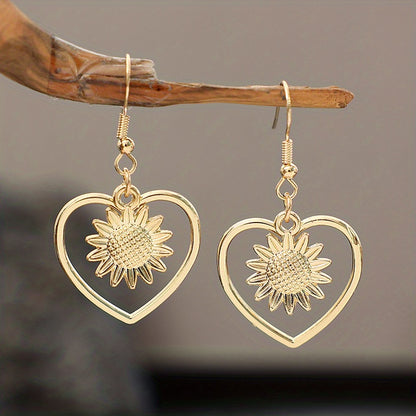 Retro Bohemian Hollow Heart With Sunflower Design Dangle Earrings Zinc Alloy Silver Plated Jewelry Female Trendy Gift