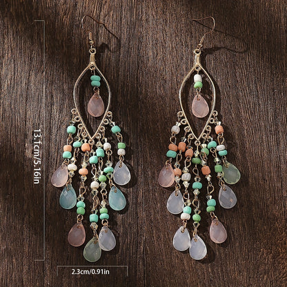 Hollow Leaf Shape Colorful Droplet Glass Tassel Dangle Earrings Bohemian Vocation Style Alloy Jewelry Trendy Holiday Earrings