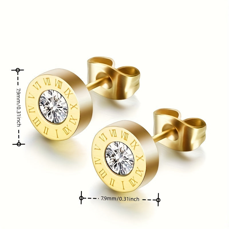 Chic Stainless Steel Roman Numeral Stud Earrings with Sparkling Zirconia - Rose Golden Plated, Perfect for Everyday & Party Wear