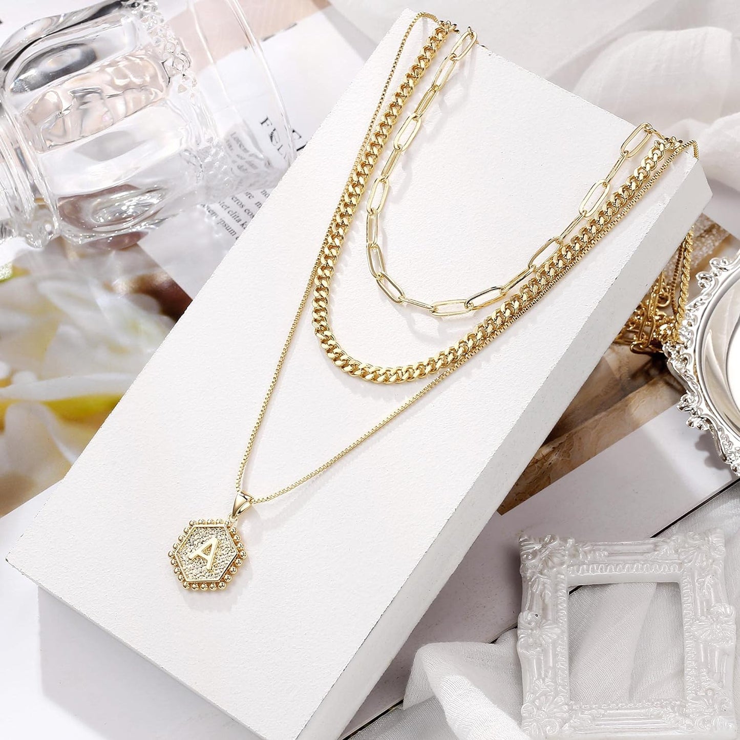 MOOHAM Layered Initial Necklaces - 14K Real Gold Plated Layered Necklace Initial Necklace Paperclip Chain for Women