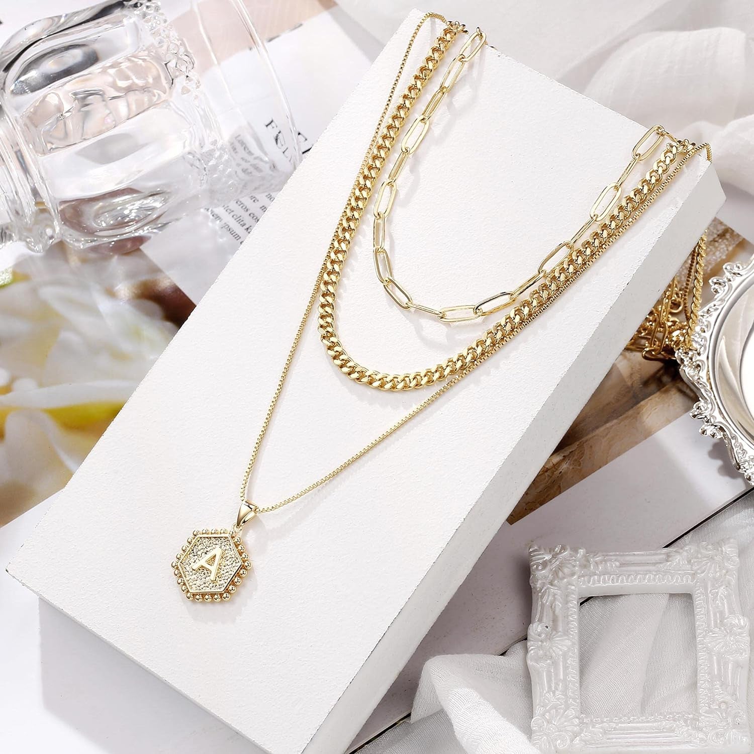 MOOHAM Layered Initial Necklaces - 14K Real Gold Plated Layered Necklace Initial Necklace Paperclip Chain for Women