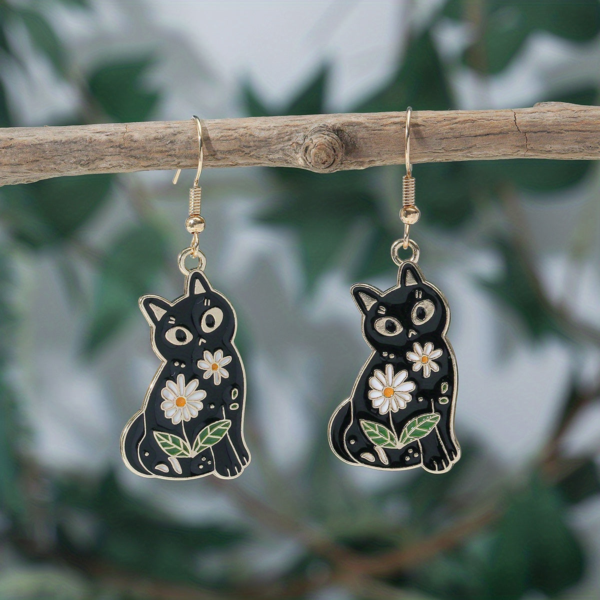 Whimsical Feline Enamel Dangle Earrings - Retro Elegant Style, Zinc Alloy, Flower Print, Cute Black Cat Design, Exquisite Female Gift, Durable, Hypoallergenic, Nickel-Free Jewelry