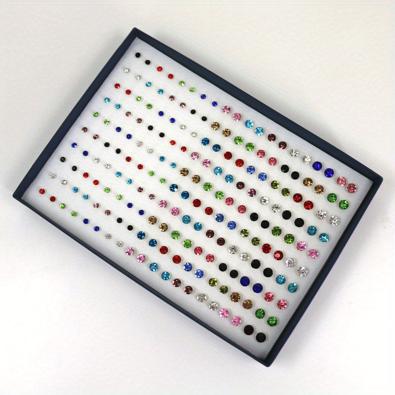 Large Set of 100 Pairs of Randomly Mixed Colorful Rhinestones Simple Fashion Shiny Plastic Glue Needle Earrings