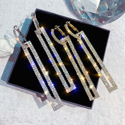 Luxurious Rhinestone Drop Earrings - Rectangular, Sparkling Dangle Design with Golden Tone, Stainless Steel Hooks for Women, Ideal for Date Nights and Formal Events, Formal Event Earrings | Sparkling Dangle Earrings | Rhinest