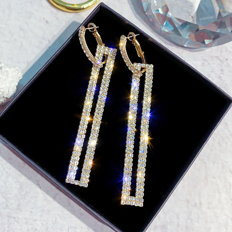 Luxurious Rhinestone Drop Earrings - Rectangular, Sparkling Dangle Design with Golden Tone, Stainless Steel Hooks for Women, Ideal for Date Nights and Formal Events, Formal Event Earrings | Sparkling Dangle Earrings | Rhinest