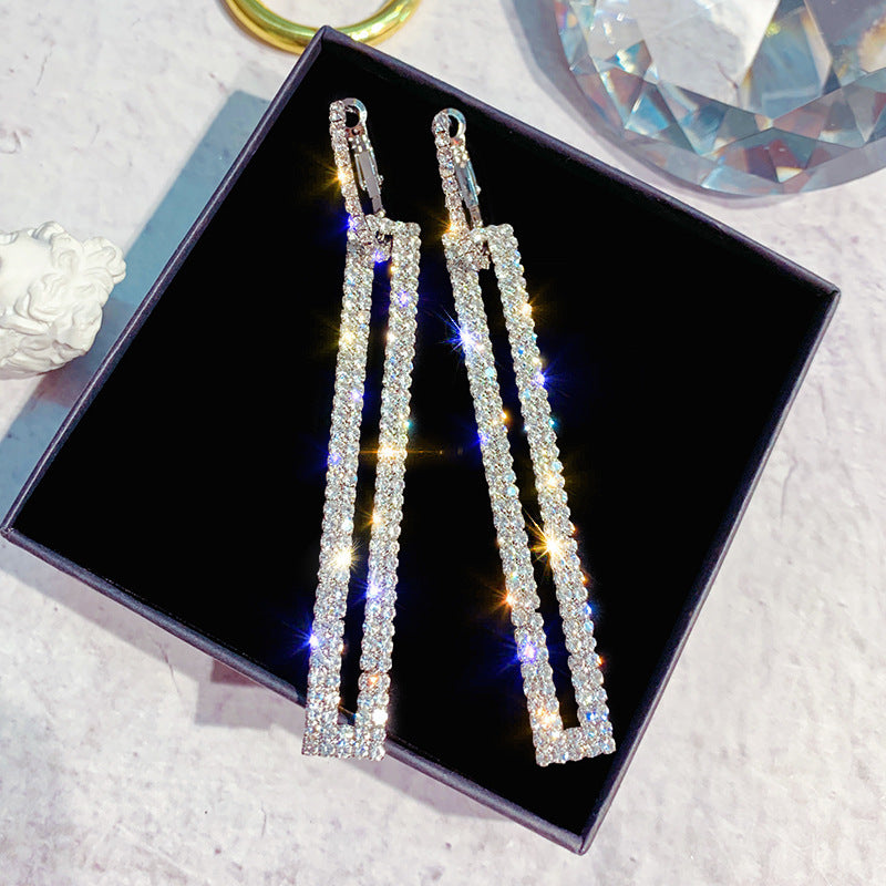 Luxurious Rhinestone Drop Earrings - Rectangular, Sparkling Dangle Design with Golden Tone, Stainless Steel Hooks for Women, Ideal for Date Nights and Formal Events, Formal Event Earrings | Sparkling Dangle Earrings | Rhinest