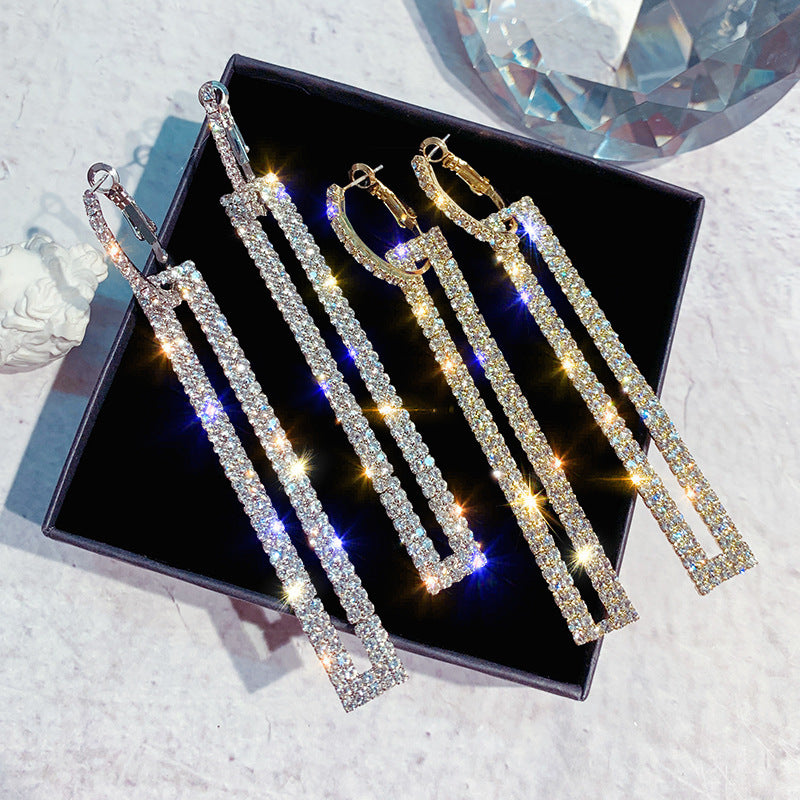 Luxurious Rhinestone Drop Earrings - Rectangular, Sparkling Dangle Design with Golden Tone, Stainless Steel Hooks for Women, Ideal for Date Nights and Formal Events, Formal Event Earrings | Sparkling Dangle Earrings | Rhinest