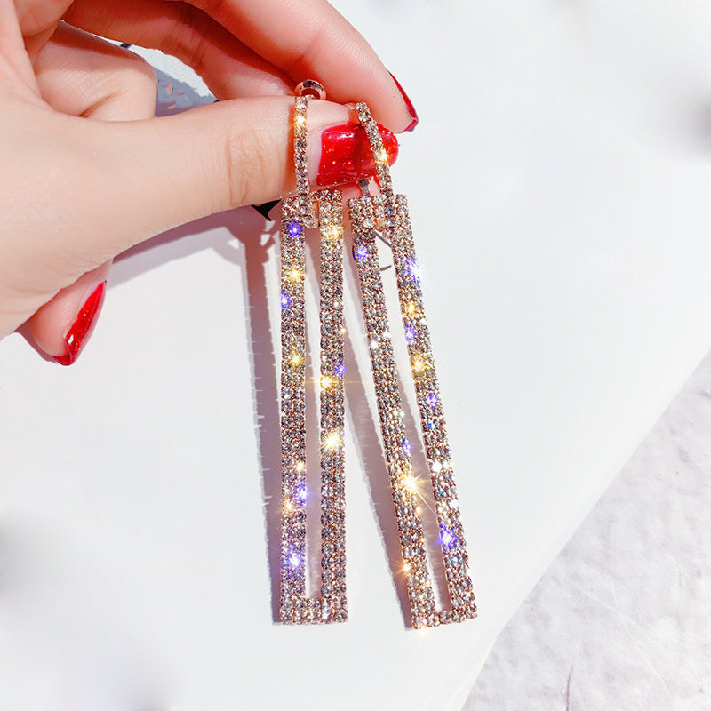 Luxurious Rhinestone Drop Earrings - Rectangular, Sparkling Dangle Design with Golden Tone, Stainless Steel Hooks for Women, Ideal for Date Nights and Formal Events, Formal Event Earrings | Sparkling Dangle Earrings | Rhinest