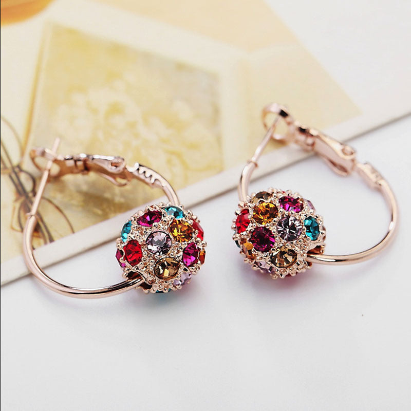 Full Colorful Shiny Rhinestone Decor Ball Design Hoop Earrings Bohemian Sexy Style Zinc Alloy Jewelry Daily Casual