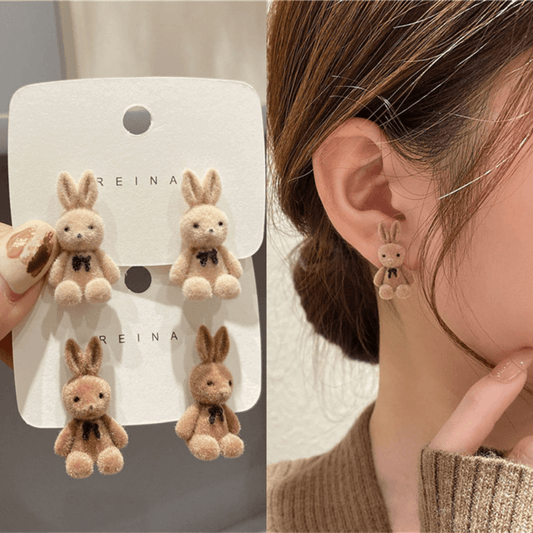 Charming Plush Bunny Earrings Set - Cute Teddy Bear Design in Beige & Brown with Faux Gemstone Accents, Alloy Craftsmanship for Casual Attire