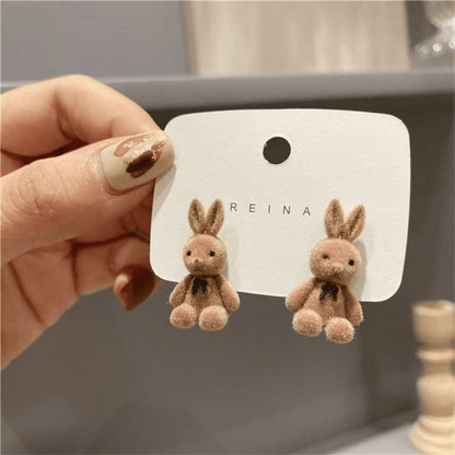 Charming Plush Bunny Earrings Set - Cute Teddy Bear Design in Beige & Brown with Faux Gemstone Accents, Alloy Craftsmanship for Casual Attire