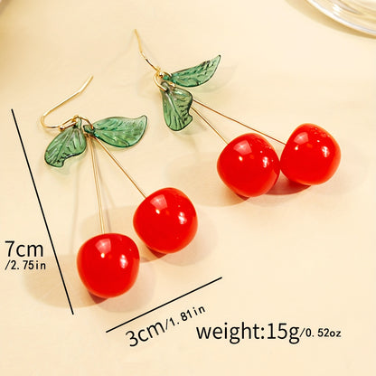 [Cute Cherry Earrings] Exquisite Cherry Drop Earrings - Handmade Resinous Material - Delicate Gift For Students with Green Leaf Cartoon Cute Temperament