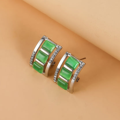 Ladies' Exquisite Rectangular Opal Necklace & Earrings Jewelry Set - Sparkling Rhinestone Imitation Gemstone Pendant, Stud Earrings, Dazzling Birthday Party Accessory, Ideal Gift for Her