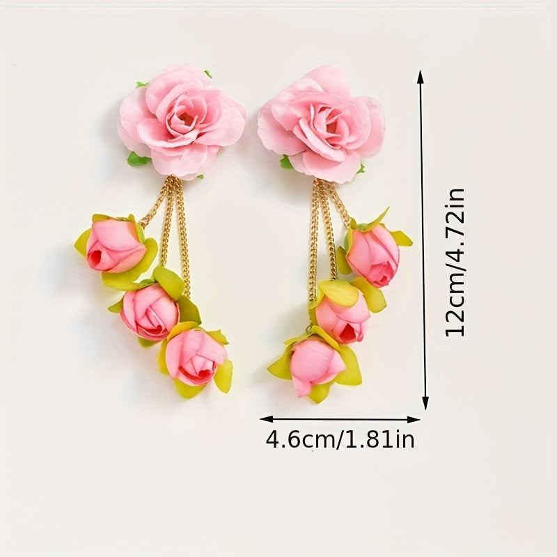 [Popular Choice] Colorful Bohemian Tassel Fabric Flower Earrings - Vibrant Polyester Dangle Earrings with Stainless Steel Hooks for Daily & Party Wear, All-Season Boho Chic Style