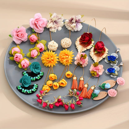 [Popular Choice] Colorful Bohemian Tassel Fabric Flower Earrings - Vibrant Polyester Dangle Earrings with Stainless Steel Hooks for Daily & Party Wear, All-Season Boho Chic Style