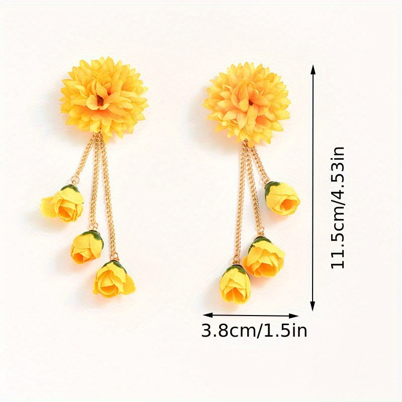[Popular Choice] Colorful Bohemian Tassel Fabric Flower Earrings - Vibrant Polyester Dangle Earrings with Stainless Steel Hooks for Daily & Party Wear, All-Season Boho Chic Style