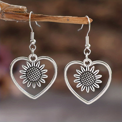 Retro Bohemian Hollow Heart With Sunflower Design Dangle Earrings Zinc Alloy Silver Plated Jewelry Female Trendy Gift