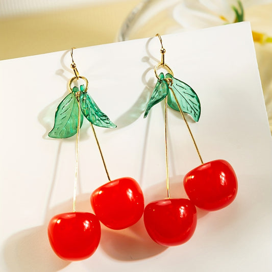 [Cute Cherry Earrings] Exquisite Cherry Drop Earrings - Handmade Resinous Material - Delicate Gift For Students with Green Leaf Cartoon Cute Temperament