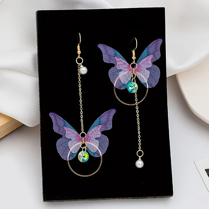 Stunning Butterfly Dangle Earrings - Drop & Dangle Jewelry with Sparkling Zirconia, Faux Pearl, Asymmetric Design, Silver Plated Alloy, Elegant and Eye-Catching Accessories for Women