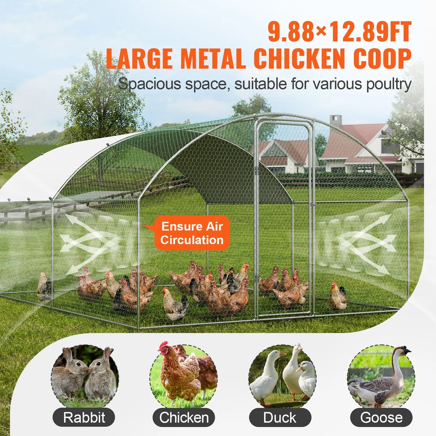 VEVOR Large Metal Chicken Coop, 9.8X12.9X6.5 Ft Walk in Chicken Run for Yard with Waterproof Cover, Doom Roof Hen House with Security Lock for Outdoor and Backyard, Farm, Duck Rabbit Cage Poultry Pen