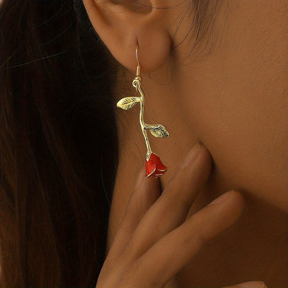 Rose Flower Design Red Dangle Earrings Sexy Cute Style Zinc Alloy Ear Jewelry Wedding Party Ornaments