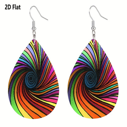 2D Flat - 1 Pair Bohemian Style Colorful Vortex Women'S Earrings with Dizzying Design and Faux Leather Pendant, 2D Flat