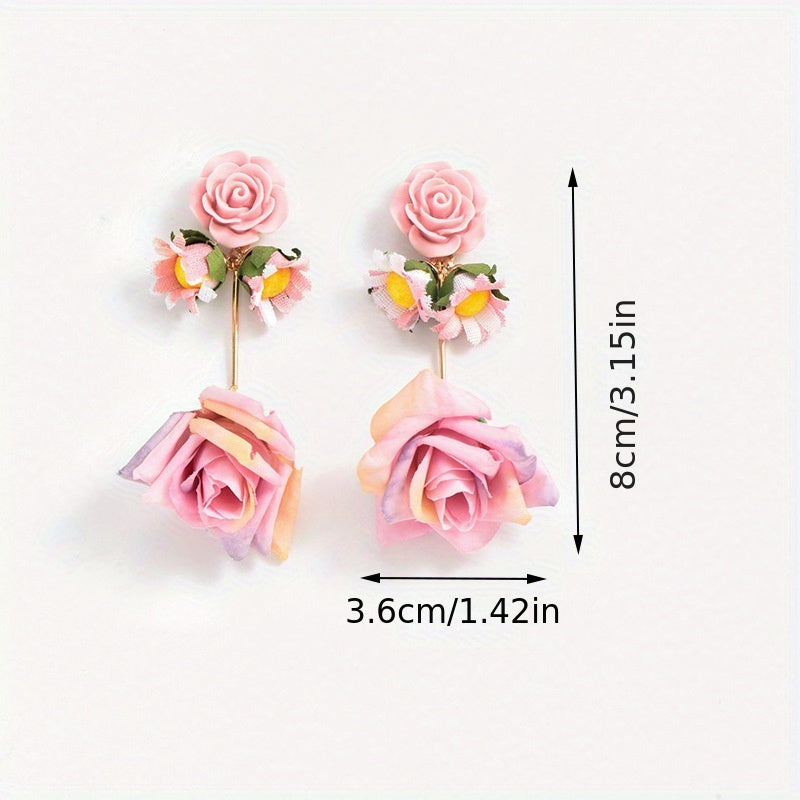 [Popular Choice] Colorful Bohemian Tassel Fabric Flower Earrings - Vibrant Polyester Dangle Earrings with Stainless Steel Hooks for Daily & Party Wear, All-Season Boho Chic Style