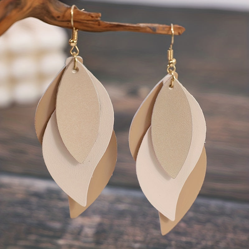 3-layer Vintage Leaf-Inspired Dangle Earrings - Chic PU Leather Craftsmanship - Ideal Fashion Accessory for Women's Everyday & Casual Outings