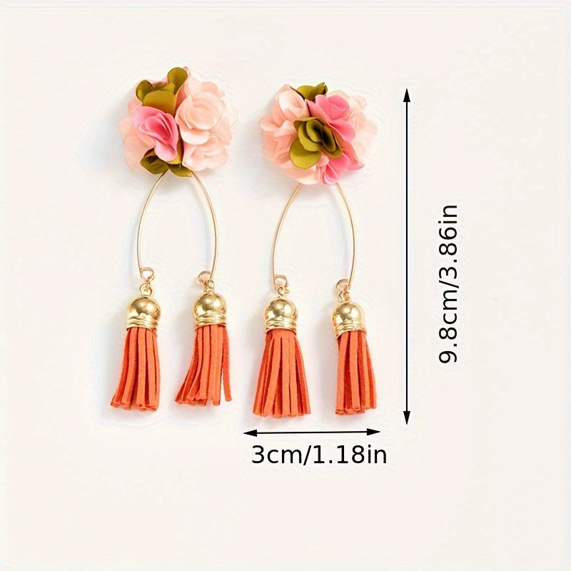 [Popular Choice] Colorful Bohemian Tassel Fabric Flower Earrings - Vibrant Polyester Dangle Earrings with Stainless Steel Hooks for Daily & Party Wear, All-Season Boho Chic Style