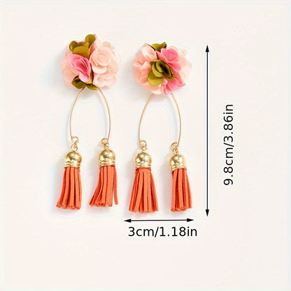 [Popular Choice] Colorful Bohemian Tassel Fabric Flower Earrings - Vibrant Polyester Dangle Earrings with Stainless Steel Hooks for Daily & Party Wear, All-Season Boho Chic Style
