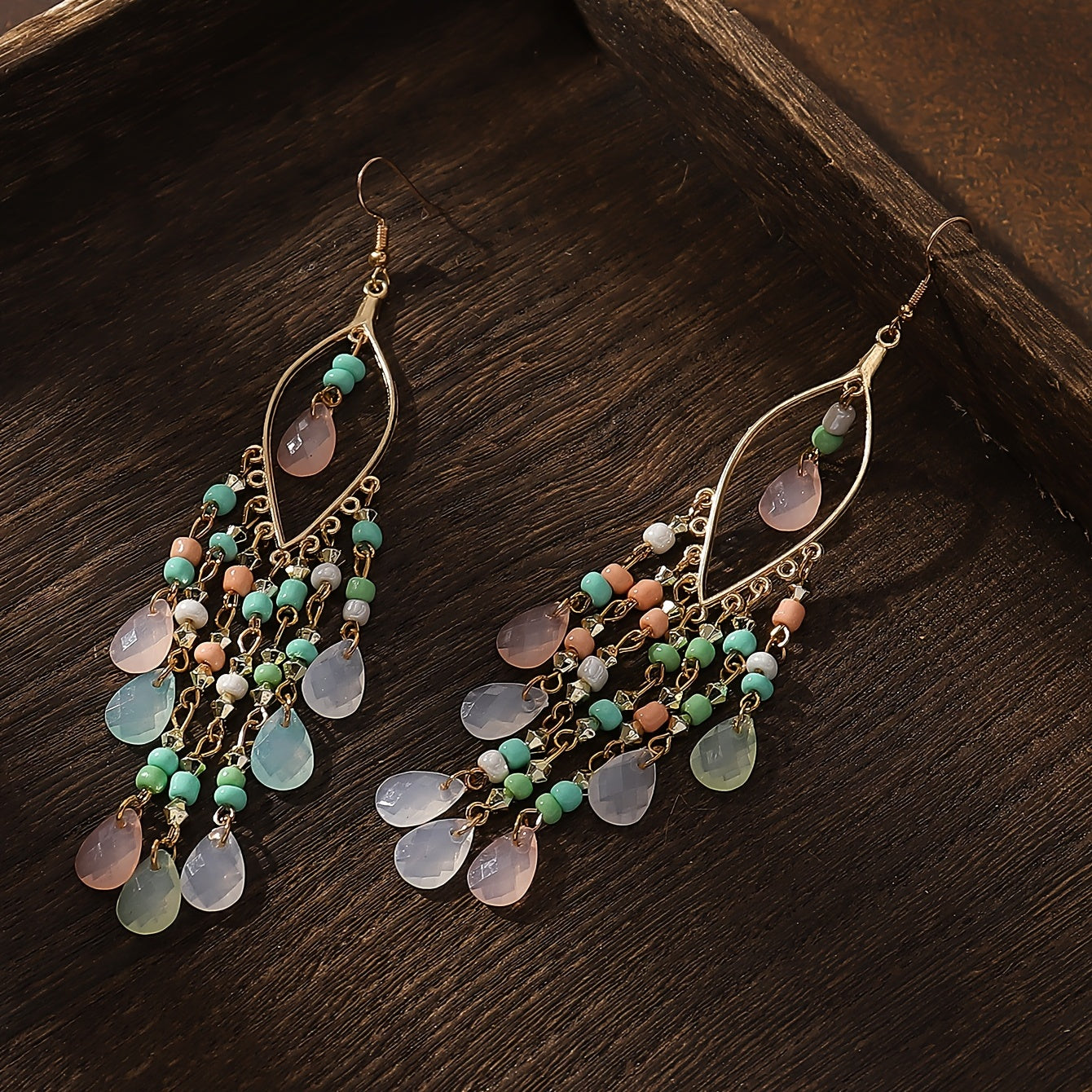 Hollow Leaf Shape Colorful Droplet Glass Tassel Dangle Earrings Bohemian Vocation Style Alloy Jewelry Trendy Holiday Earrings