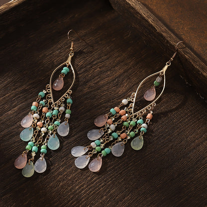 Hollow Leaf Shape Colorful Droplet Glass Tassel Dangle Earrings Bohemian Vocation Style Alloy Jewelry Trendy Holiday Earrings