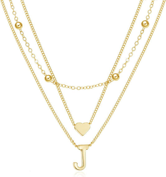 Dainty Gold Layered Initial Necklaces for Women, Simple Cute Heart Bead Letter Pendant Choker Necklace