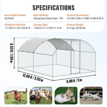 VEVOR Large Metal Chicken Coop, 9.8X12.9X6.5 Ft Walk in Chicken Run for Yard with Waterproof Cover, Doom Roof Hen House with Security Lock for Outdoor and Backyard, Farm, Duck Rabbit Cage Poultry Pen