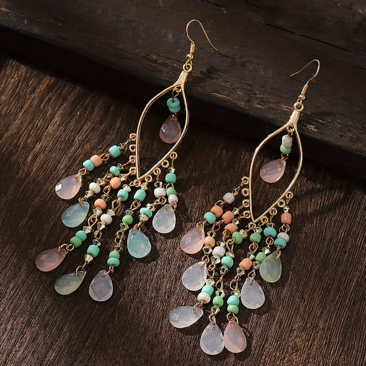 Hollow Leaf Shape Colorful Droplet Glass Tassel Dangle Earrings Bohemian Vocation Style Alloy Jewelry Trendy Holiday Earrings