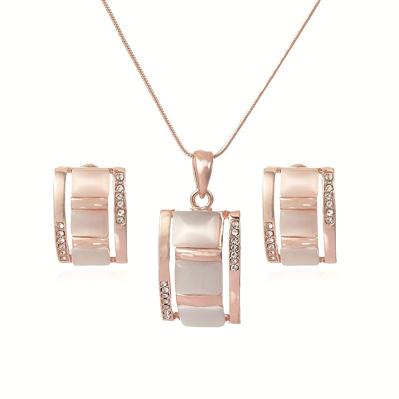 Ladies' Exquisite Rectangular Opal Necklace & Earrings Jewelry Set - Sparkling Rhinestone Imitation Gemstone Pendant, Stud Earrings, Dazzling Birthday Party Accessory, Ideal Gift for Her