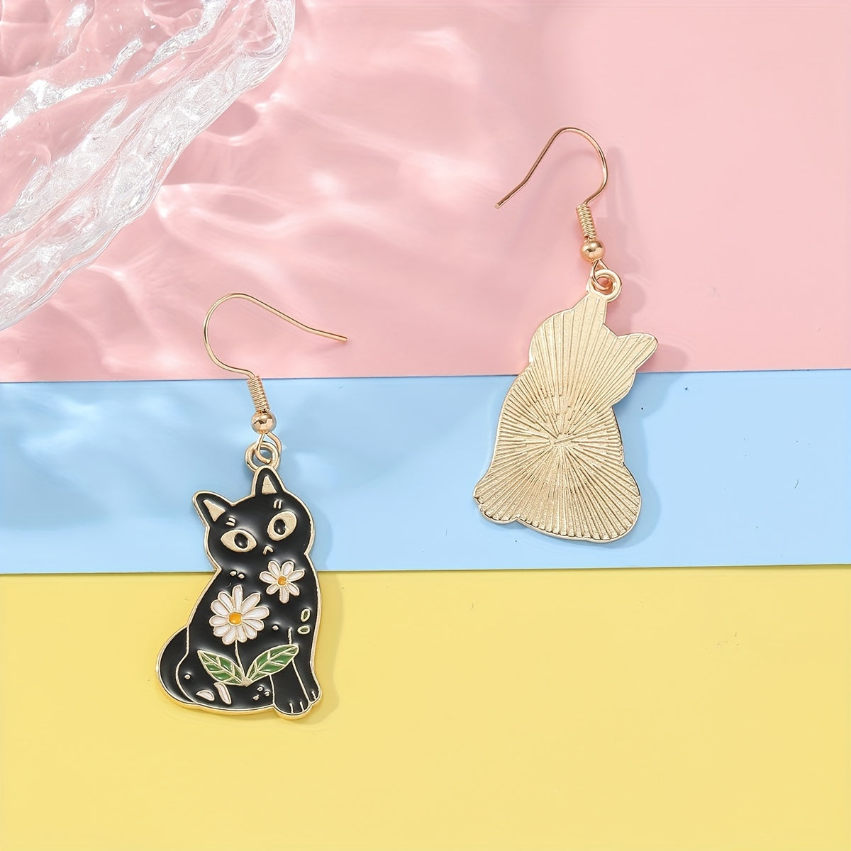 Whimsical Feline Enamel Dangle Earrings - Retro Elegant Style, Zinc Alloy, Flower Print, Cute Black Cat Design, Exquisite Female Gift, Durable, Hypoallergenic, Nickel-Free Jewelry