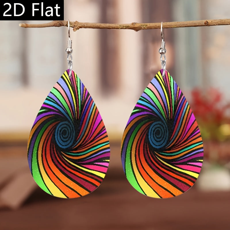 2D Flat - 1 Pair Bohemian Style Colorful Vortex Women'S Earrings with Dizzying Design and Faux Leather Pendant, 2D Flat