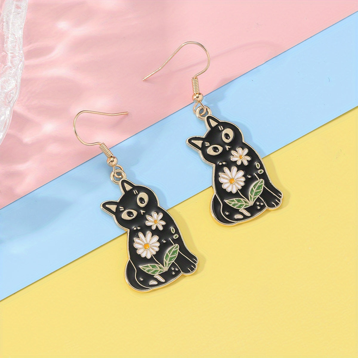 Whimsical Feline Enamel Dangle Earrings - Retro Elegant Style, Zinc Alloy, Flower Print, Cute Black Cat Design, Exquisite Female Gift, Durable, Hypoallergenic, Nickel-Free Jewelry