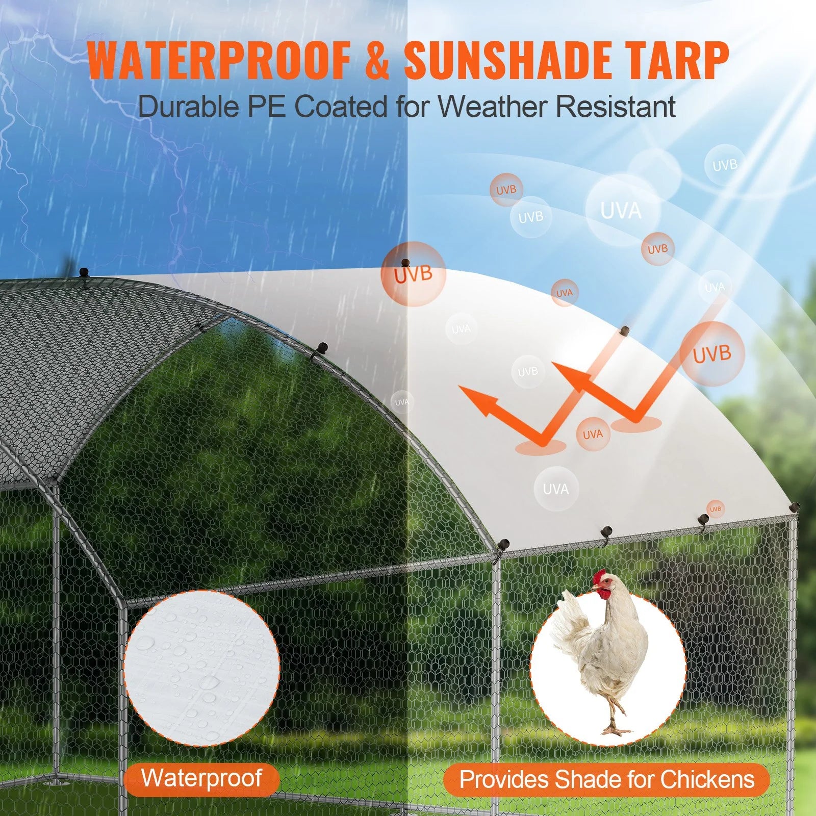 VEVOR Large Metal Chicken Coop, 9.8X12.9X6.5 Ft Walk in Chicken Run for Yard with Waterproof Cover, Doom Roof Hen House with Security Lock for Outdoor and Backyard, Farm, Duck Rabbit Cage Poultry Pen