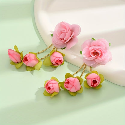 [Popular Choice] Colorful Bohemian Tassel Fabric Flower Earrings - Vibrant Polyester Dangle Earrings with Stainless Steel Hooks for Daily & Party Wear, All-Season Boho Chic Style