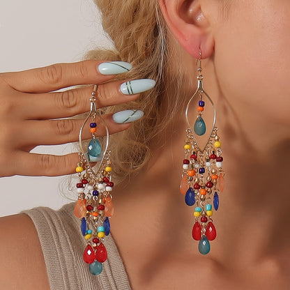 Hollow Leaf Shape Colorful Droplet Glass Tassel Dangle Earrings Bohemian Vocation Style Alloy Jewelry Trendy Holiday Earrings