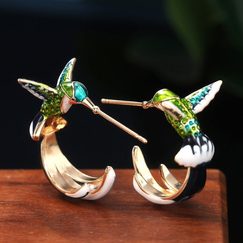 Cute Flying Hummingbird Oil Painting Earrings Enamel Hummingbird Stud Earrings Colorful Animal Elegant Jewelry For Women